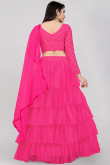 Net Rose Pink Zari Embroidered Layered Style Lehenga 