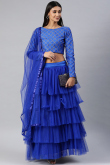 Net Royal Blue Zari Embroidered Layered Style Lehenga 