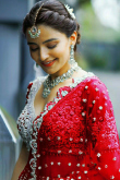 Net Ruby Red Sequins Embroidered Panelled Style Lehenga 