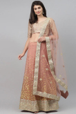 Net Salmon Peach Embroidered Panelled Style Lehenga
