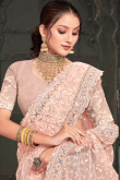 Net Salmon Peach Stone Embellished Light Weight Saree