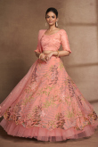 Net Sequins Embroidered Coral Peach Flared Lehenga 