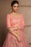 Net Sequins Embroidered Coral Peach Flared Lehenga 