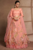 Net Sequins Embroidered Coral Peach Flared Lehenga 