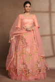 Net Sequins Embroidered Coral Peach Flared Lehenga 