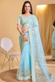 Net Sky Blue Embroidered Light Weight Saree