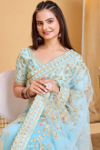 Net Sky Blue Embroidered Light Weight Saree