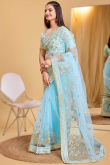 Net Sky Blue Embroidered Light Weight Saree