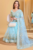 Net Sky Blue Embroidered Light Weight Saree
