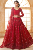 Net Stone Embellished Chilly Red Panelled Style Lehenga