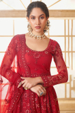 Net Stone Embellished Chilly Red Panelled Style Lehenga