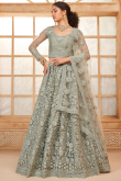 Net Stone Embellished Greenish Grey Panelled Style Lehenga