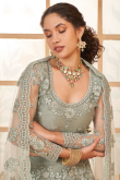 Net Stone Embellished Greenish Grey Panelled Style Lehenga
