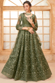 Net Stone Embellished Olive Green Panelled Style Lehenga
