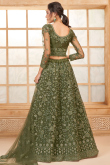 Net Stone Embellished Olive Green Panelled Style Lehenga