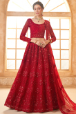 Net Stone Embellished Ruby Red Panelled Style Lehenga
