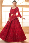 Net Stone Embellished Ruby Red Panelled Style Lehenga