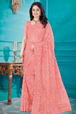 Net Stone Embellished Salmon Pink Saree For Sangeet