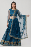 Net Teal Blue Embroidered Panelled Style Lehenga