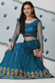 Net Teal Blue Embroidered Panelled Style Lehenga