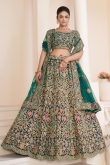 Net Teal Blue Sequins Embroidered Panelled Style Lehenga 