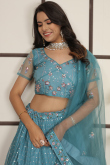 Net Turquoise Blue Embroidered Panelled Style Lehenga