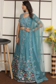 Net Turquoise Blue Embroidered Panelled Style Lehenga