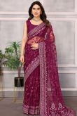 Net Wine Maroon Lace Embroidered Light Weight Saree