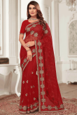 Net Zari Embroidered Deep Red Light Weight Saree