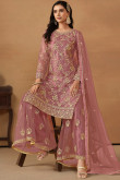 Net Zari Embroidered Dusty Pink Straight Cut Sharara Suit