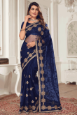Net Zari Embroidered Navy Blue Light Weight Saree