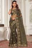 Net Zari Embroidered Olive Brown Light Weight Saree