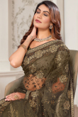 Net Zari Embroidered Olive Brown Light Weight Saree