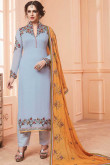 Gorgeous Georgette Straight Pant Suit in Light Blue Color With Resham Embroidered