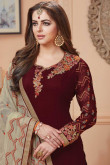 Gorgeous Georgette Straight Pant Suit in Wine Red Color With Resham Embroidered