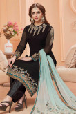 Resham Embroidered Georgette Black Churidar Suit