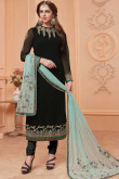 Resham Embroidered Georgette Black Churidar Suit