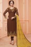 Caramel Brown Georgette Embroidered Churidar Suit