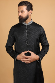 Printed Poly Cotton Black Men Kurta Pajama