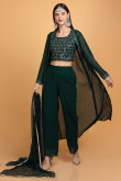 Bottle Green Georgette Embroidered Crop Top With Straight Pant for Eid