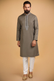 Embroidered Cotton Silk Grey Beige Men Kurta Pajama