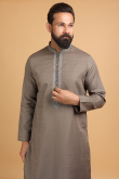 Embroidered Cotton Silk Grey Beige Men Kurta Pajama