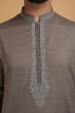 Embroidered Cotton Silk Grey Beige Men Kurta Pajama