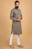 Embroidered Cotton Silk Grey Beige Men Kurta Pajama