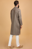 Embroidered Cotton Silk Grey Beige Men Kurta Pajama