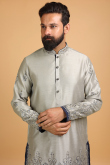 Zari Embroidered Dupion Silk Light Grey Men Kurta Pajama