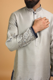 Zari Embroidered Dupion Silk Light Grey Men Kurta Pajama