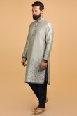 Zari Embroidered Dupion Silk Light Grey Men Kurta Pajama