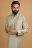 Light Beige Dupion Silk Straight Pant Men Kurta Pajama