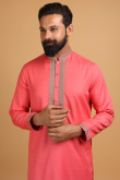 Coral Pink Dupion Silk Dori Embroidered Men Kurta Churidar